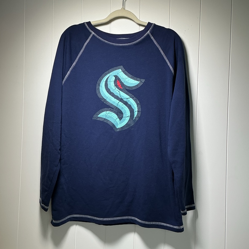 Seattle Kraken Women's Shirt Long Sleeve Blue Size Large NHL Hockey Distressed